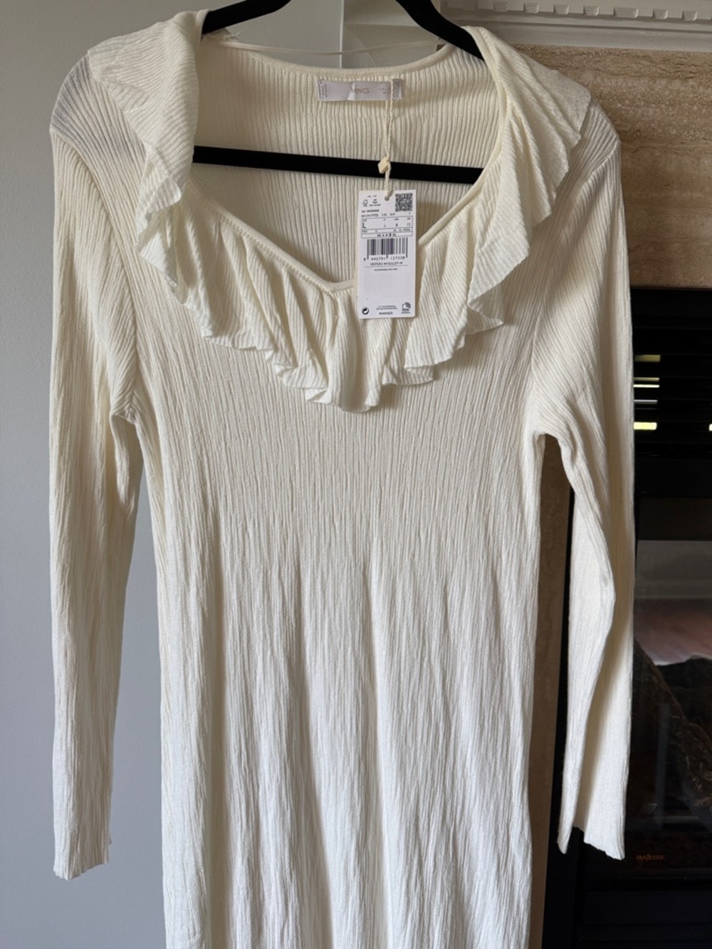 Mango Cream Ruffle‑Trim Long Sleeve dress